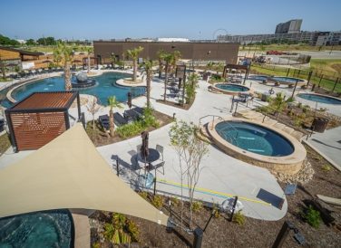 Pools and awnings at WorldSprings in The Colony